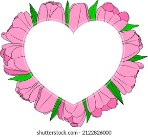 Empty heart frame with pink flowers around. Vectore illustration.