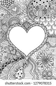 empty hearted shape for copy space surrounded by beautiful flowers for printing,card,invitation, coloring book,coloring page and colouring picture. Vector illustration