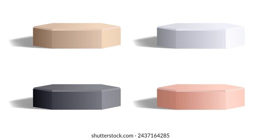 Empty hexagon podium of white, black, pink and beige colors isolated on white. Realistic monochrome low studio platform with shadow in 3D style. Blank vector template for product presentation.