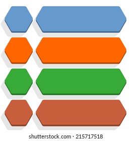 Empty hexagon and rounded rectangle icon with long gray shadow on white background in flat style. Set 01 blue, orange, green, brown colors button. Vector illustration web design element in 8 eps