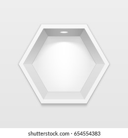 Empty Hexagonal Niche Shelf Display In The Brick Wall. To Present Your Product. Mock Up. 3D Illustration. Ready For Your Design. Advertising. Vector EPS10