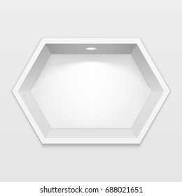 Empty Hexagonal Niche Shelf Display In The Brick Wall. To Present Your Product. Mock Up. 3D Illustration. Ready For Your Design. Advertising. Vector EPS10