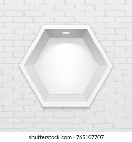 Empty Hexagonal Niche Shelf Display In The Brick Wall. To Present Your Product. Mock Up. 3D Illustration. Ready For Your Design. Advertising. Vector EPS10