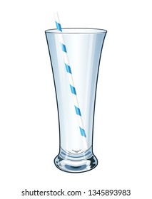 Empty high and transparent glass with a tube. Vector illustration. Glassware for the bar. Glass under Pilsner or Mojito cocktail.
