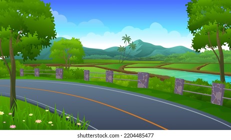 Carretera asfaltada vacía con hermoso paisaje, campo de arroz arrozal, árboles e ilustración de vector de montaña