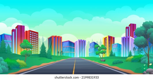 Empty Highway to city with colorful skyscrapers and beautiful summer landscape, green hill, bush and trees cartoon illustration