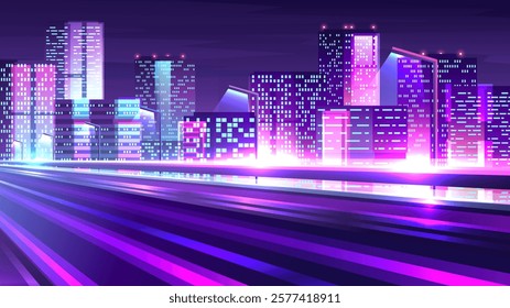 Empty highway on futuristic city background. Night fast road through modern city scene.