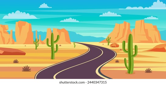 Empty highway road in desert. Sandy desert landscape with road, rocks and cactuses. Summer western american landscape. highway in Arizona or Mexico hot sand. Vector illustration in flat style