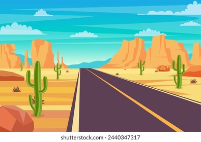 Carretera vacía en el desierto. Paisaje desértico arenoso con carretera, rocas y cactus. Paisaje occidental americano de verano. carretera en Arizona o México arena caliente. Ilustración vectorial en estilo plano