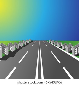 Empty highway with small houses in the sunset