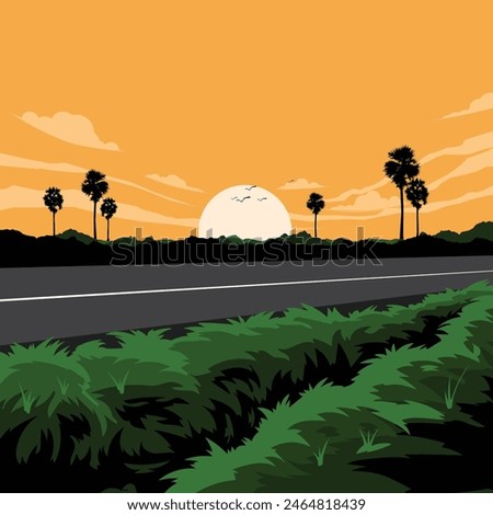Empty highway vector asphalt road, Empty highway black asphalt road with dividing lines, Side view, Vector Illustration, Summer landscape vector illustration.