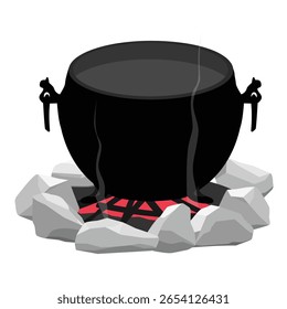 Caldeirão vazio sobre a fogueira. Bowler na estaca. Viajar, turismo, piquenique cozinhar no fogo e fumaça. Jantar fora. Turismo, acampamento. Ilustração vetorial