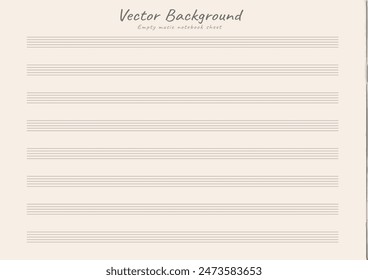 Empty horizontal music page. Music notebook sheet in a ruler for recording notes. Five-line staff without key. Vector. Music notation elements for design.