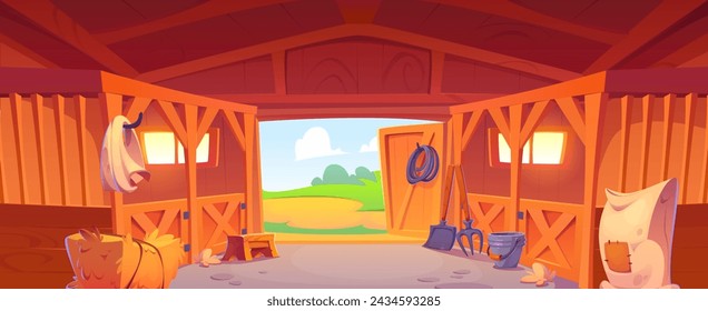 Empty horse stable interior design. Vector cartoon illustration of farm inside wooden barn, hay stacks, old barrel, pitchfork and shovel instruments, metal bucket, fabric sack, summer landscape view