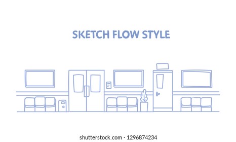 empty hospital clinic hall with seats and door empty no people corridor interior sketch doodle horizontal