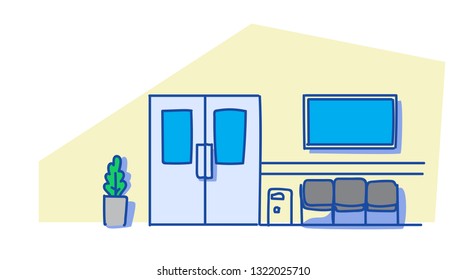 empty hospital clinic hall with seats and doors empty no people corridor polyclinic interior sketch doodle horizontal