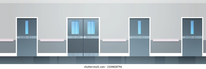 Empty Hospital Corridor Area No People And Open Space Modern Hospital Rooms Corridor Interior Design Flat Vector Illustration.