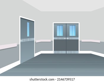 Empty Hospital Corridor Area No People And Modern Hospital Interior Flat Design Illustration.