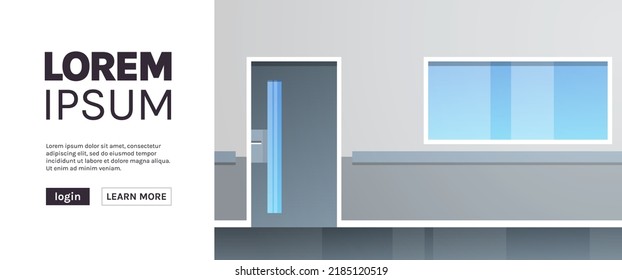 Empty Hospital Corridor Area No People And Open Space Modern Hospital Rooms Corridor Interior Design Flat Vector Illustration.