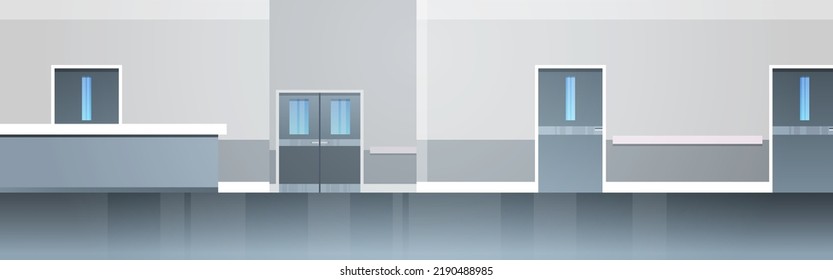 Empty Hospital Corridor Area No People And Open Space Modern Hospital Rooms Corridor Interior Design Flat Vector Illustration.