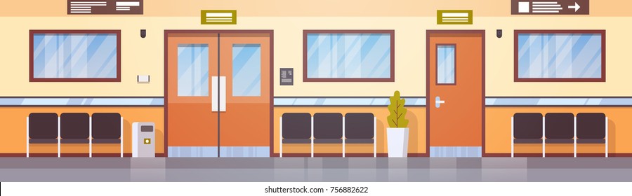 Empty Hospital Corridor Clinic Hallway Interior Horizontal Banner Flat Vector Illustration