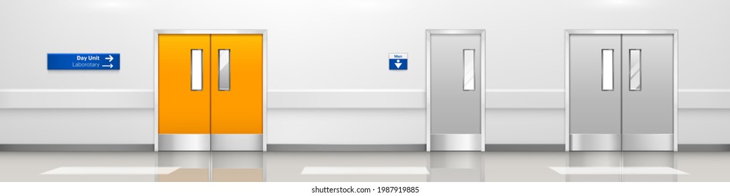 Empty hospital corridor with double doors to day unit laboratory, operating room and men WC. Vector realistic interior of hall in medical clinic metal doors to lab and toilet