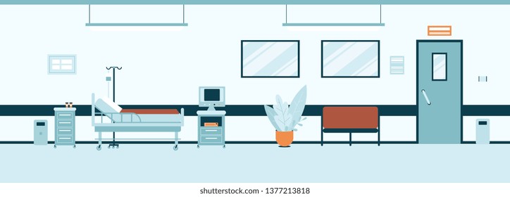 Empty hospital hall or corridor interior flat style, vector illustration. Clinic room or ward inside with with furniture and equipment, modern medical office