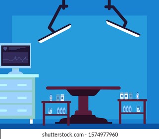Empty hospital surgery room - flat cartoon interior with medical equipment, patient operation table, heart monitor on computer and lighting. Vector illustration