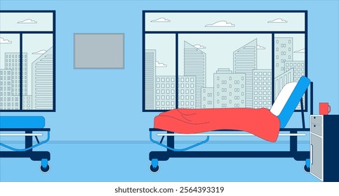 Empty hospital ward with adjustable bed on rolling wheels flat illustration. Hospitalization room 2D interior cartoon background. Hospital admission. Private clinic sickroom scene vector image