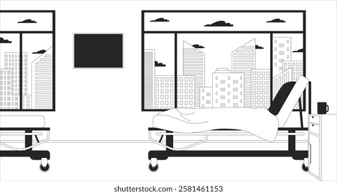 Empty hospital ward with adjustable bed on rolling wheels black and white line illustration. Hospitalization room 2D interior monochrome. Hospital admission. Private clinic sickroom outline vector