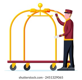 Carrito de equipaje vacío del hotel y carácter de botones. Trabajador de Bellboy con el carro del equipaje del hotel sin las bolsas aisladas. Camión de mano para Transporte en Hotel. Vacaciones y viajes. Ilustración vectorial plana