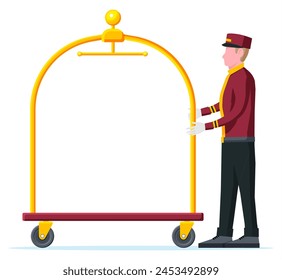 Carrito de equipaje vacío del hotel y carácter de botones. Trabajador de Bellboy con el carro del equipaje del hotel sin las bolsas aisladas. Camión de mano para Transporte en Hotel. Vacaciones y viajes. Ilustración vectorial plana