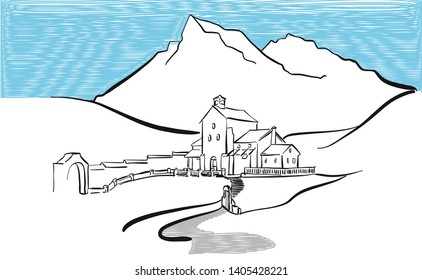 Empty house in hills. Hand drawn vector art for architecture and communication projects. 