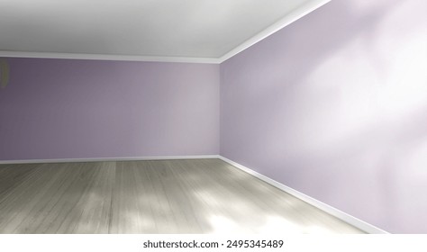 Interior de la casa vacía o de la sala de oficina con sombras de la ventana en las paredes púrpuras claras, el techo blanco y el piso de madera. Vista de esquina en el fondo del estudio interior. Maqueta de cámara limpia de luz de Vector realista 3d.