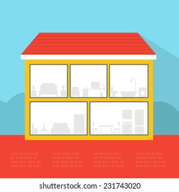 Empty house with silhouette rooms furniture, ready to decorate. House infographic. Flat style vector illustrator.