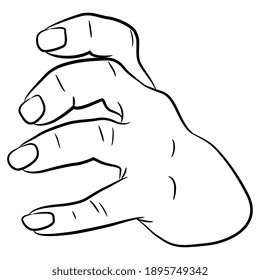 Empty human hand with clenched fingers. Grasping or holding gesture. Front view. Black and white linear silhouette. Cartoon style.