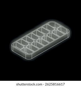 Empty ice cube tray glowing white on dark background, viewed in isometric projection