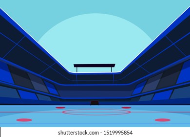 Empty Ice Rink Flat Vector Illustration. Stadium, Arena With No People Inside. Place For Winter Activities, Hockey Matches And Figure Skating Contest. Frozen Playground, Field With Markups