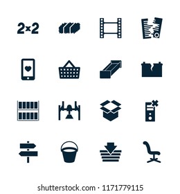 Empty icon. collection of 16 empty filled icons such as bucket, office chair, shopping basket, movie tape, box, heart mobile. editable empty icons for web and mobile.