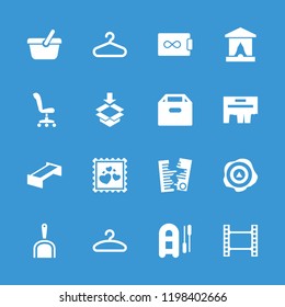 Empty icon. collection of 16 empty filled icons such as garden bench, hanger, box, movie tape, inflatable boat, stage, ad, dustpan. editable empty icons for web and mobile.
