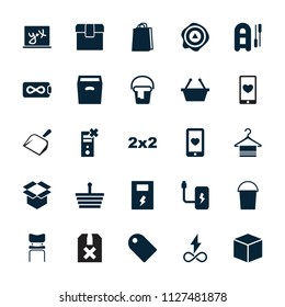 Empty icon. collection of 25 empty filled icons such as bucket, shopping bag, shopping basket, box, blackboard, inflatable boat. editable empty icons for web and mobile.