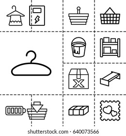 Empty icon. set of 13 outline emptyicons such as garden bench, hanger, bucket, photo with heart, baterry, battery, shopping basket, question box, shopping bag