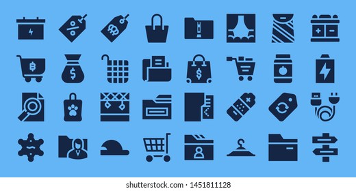 empty icon set. 32 filled empty icons. on blue background style Collection Of - Battery, Shopping cart, Folder, Sheriff, Tag, Bag, Basket, Stage, Baseball cap, Shopping bag, Clothing hanger