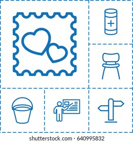 Empty icon. set of 6 empty outline icons such as bucket, photo with heart, battery, chair, teacher