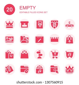 empty icon set. Collection of 20 filled empty icons included Crown, Box, Binding, Badge, Hanger, Note, Folder, Notes, Bag, Shopping bag, Sign Post, Shopping cart