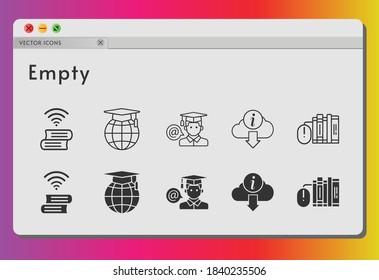empty icon set. included books, school, student, book, information icons on white background. linear, filled styles.