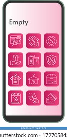 empty icon set. included calendar, megaphone, online shop, shopping bag, mortgage, shirt, package, towel, discount, jacket, warranty, credit card icons on phone design background . linear styles.