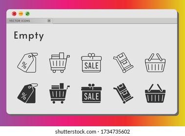 empty icon set. included gift, price tag, shopping cart, shopping-basket, shopping basket, trolley icons on white background. linear, filled styles.