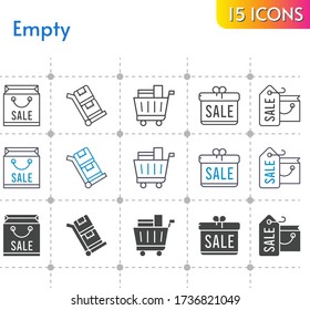 leere Symbolmenge. Geschenk, Einkaufstasche, Einkaufswagen, Trolleykonen auf weißem Hintergrund. linear, bicolor, gefüllt Stile.
