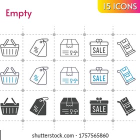 empty icon set. included gift, package, price tag, shopping-basket, shopping basket, trolley icons on white background. linear, bicolor, filled styles.